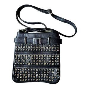 Mms Brands Crossbody Bag Black Vegan Leather Moto Silver Rhinestone Studs